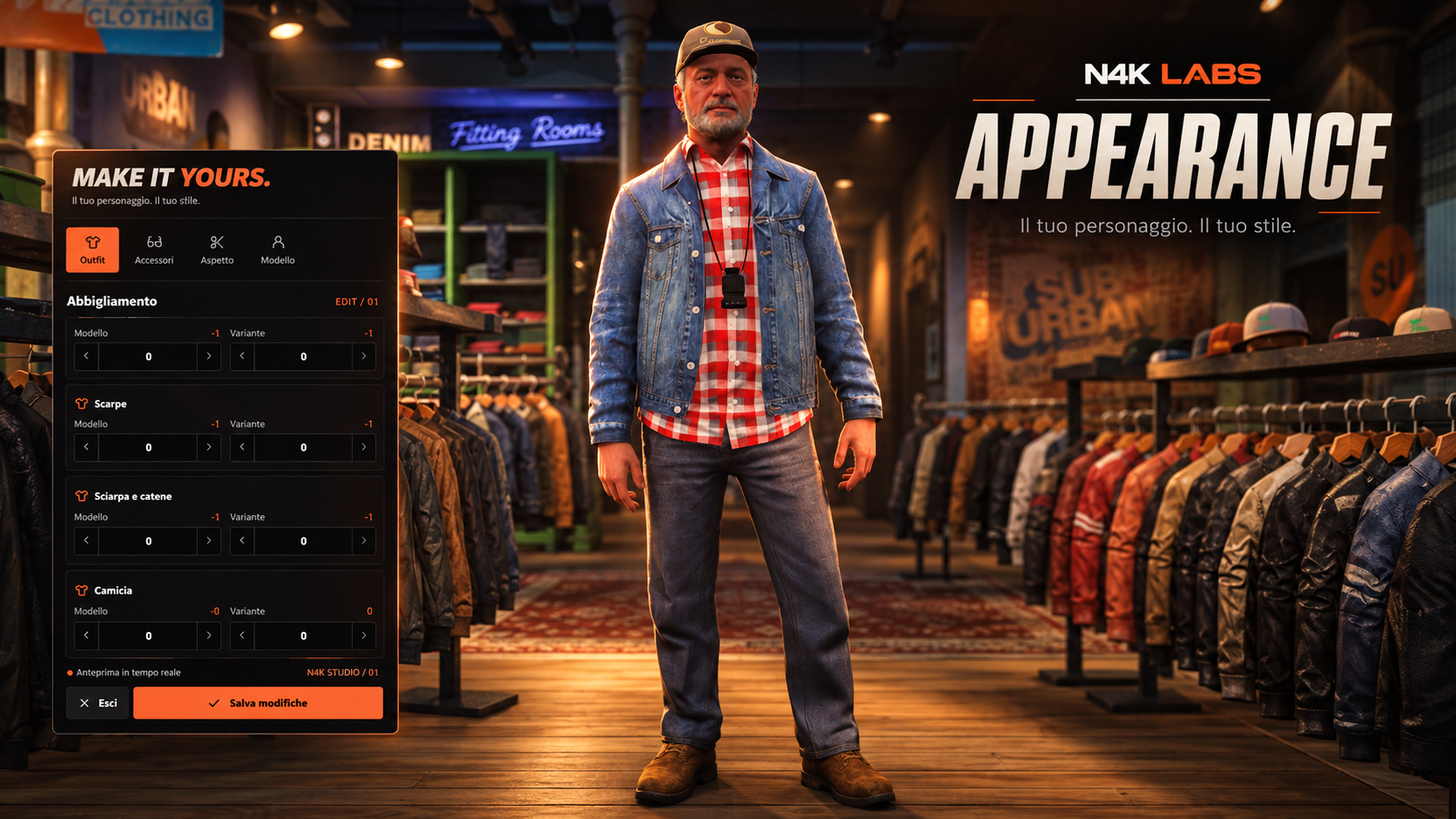 N4K Appearance: grafica promozionale con personaggio e interfaccia abbigliamento